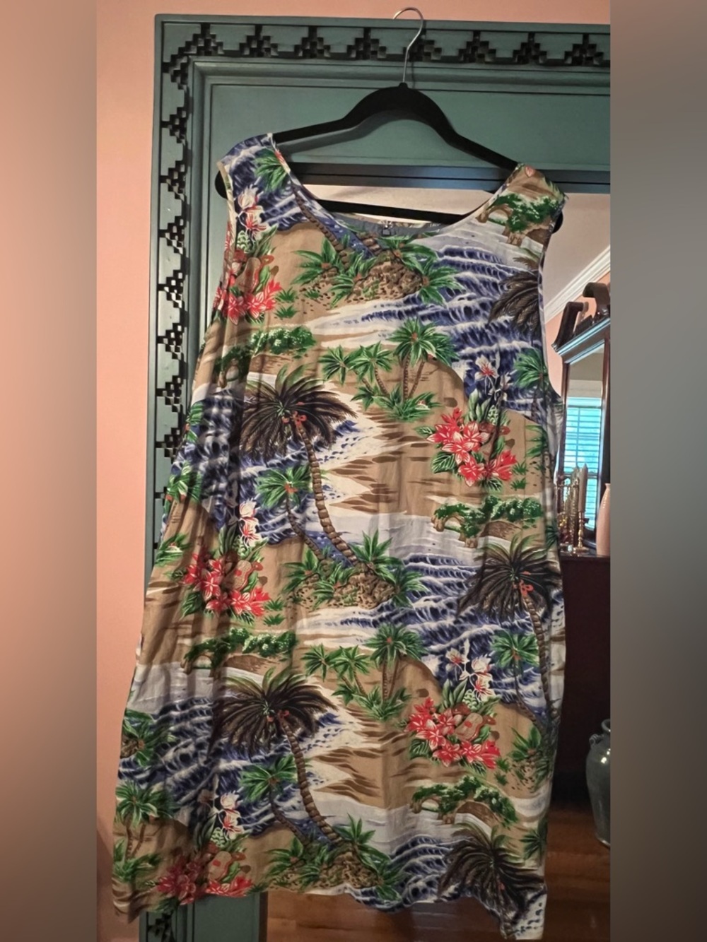 Tropical Palm Beach Print Sleeveless Dress - Blue, Green, Tan, Red
Vintage